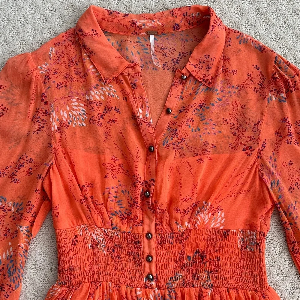 Free People Long Sleeve Smocked Mini Dress Orange XS Boho Festival Romantic